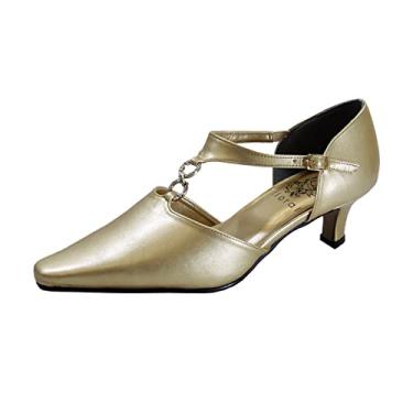 Imagem de Floral Maribel Salto feminino largo com detalhes em strass e tira em T, Dourado, 10 X-Wide
