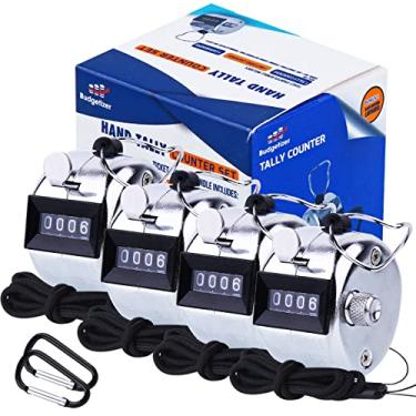 Imagem de Alicate de contador de Tally da Budgetizer Hand Pitch – 1 e 4 unidades de cliques de metal para pessoas portáteis com 1 cordão e 1 mosquetão – Manual mecânico prata aço com 4 dígitos anel de dedo clique, Metal, 4 PACK