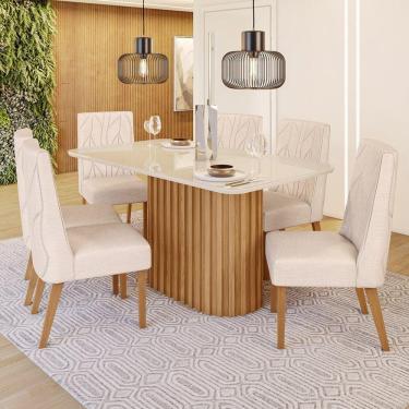 Imagem de Conjunto Sala de Jantar Tampo MDF/Vidro 6 Cadeiras Mira Marrom/Off White/Linho