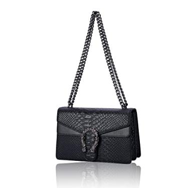 Imagem de Aiqudou Bolsa transversal e bolsa feminina - Bolsa de mão moderna de couro PU com estampa de cobra, Preto, Large