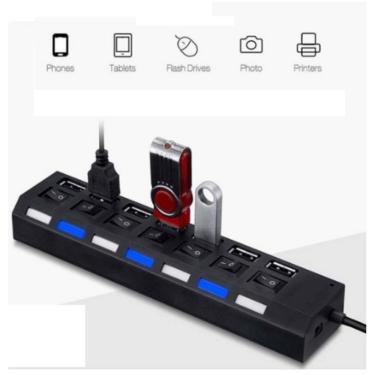 Imagem de Conector Usb 2.0 Hub Mini Extensor 7 portas Plug and Play para Pc Notebook com Switch e Led Indicador