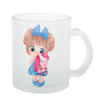 Imagem de Caneca Vidro Jateada menina crianca meiga fofa laco azul ponei unicornio rosa