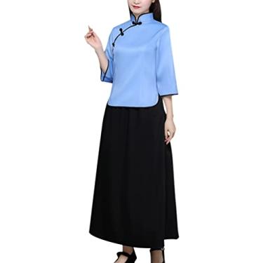 Imagem de Conjuntos de saia de blusa chinesa vintage feminina manga 3/4 de comprimento gola mandarim camisa top fantasia de estudante tradicional (preto + azul claro, M)