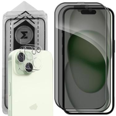 Imagem de MONASAY Protetor de tela de vidro de privacidade [pacote com 2] adequado para iPhone 15 Plus de 6,7 polegadas [2 protetores de lente de câmera] Película de tela temperada brilhante
