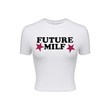 Imagem de Milumia Camisetas femininas Y2k Star Letter Graphic Crop Tees gola redonda manga curta, Branco, G