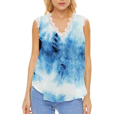 Imagem de Camiseta feminina de renda, estampada, para treino, superdimensionada, sem mangas, blusa de verão, boho, colete de trabalho, Azul, GG