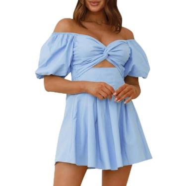 Imagem de LEKODE Vestidos de verão para mulheres, vestido midi de gola alta, sexy, manga ombro de fora, plissado, curto, evasê, Azul claro, GG