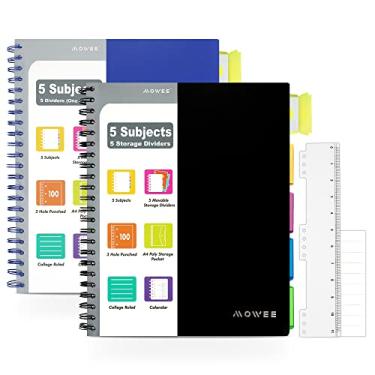 Imagem de MOWEE Caderno com 5 disciplinas, pacote com 2 cadernos pautados universitários com divisórias de armazenamento, abas de índice, régua de 28 cm, 100 folhas de 200 páginas, para escola, negócios,
