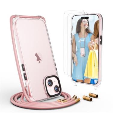 Imagem de UYMO Capa transversal para iPhone 15 Plus, capa transversal com alça de cordão de pescoço, capa transparente de policarbonato TPU com 2 protetores de tela de vidro temperado, ouro rosa