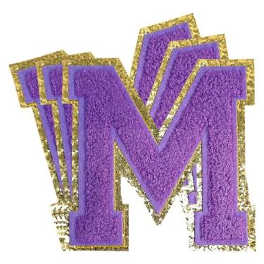 Imagem de 3 peças de remendos de letras de chenille roxo glitter ferro em remendos de letras universitárias remendo bordado de chenille costurar em remendos para roupas chapéu bolsas jaquetas camisa (roxo, M)