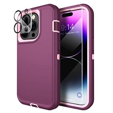 Imagem de MXX Capa resistente para iPhone 14 Pro, com protetor de tela de vidro temperado, protetor de lente de câmera 3 camadas de proteção de corpo inteiro à prova de choque e poeira, para iPhone 14 Pro de 6,1 polegadas 2022 (ameixa/rosa claro)