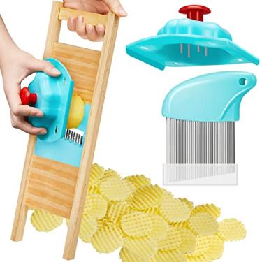 Imagem de Conjunto de 3 peças de cortadores de fritura de waffle para batatas fritas, treliça, cenoura, ondulado, fatiador, faca de aço inoxidável com capa protetora para vegetais domésticos, pickles, cozinha