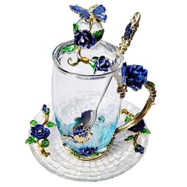 Imagem de LANTREE Caneca de café de vidro, presente de aniversário, Natal para mulheres, mãe, irmã, namorada, colega de trabalho, flor, borboleta, xícara de chá, caneca de café antiga com tampa, colher e pires