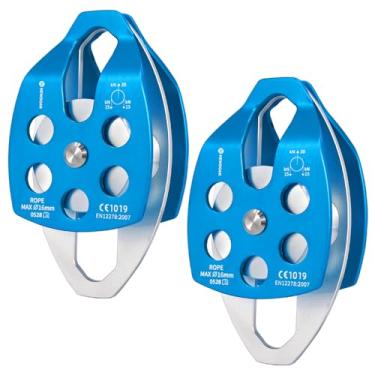 Imagem de NewDoar Polia de resgate grande certificada 30 KN CE polia dupla com placa giratória para resgate de escalada de montanhismo ao ar livre (azul, 2 peças)