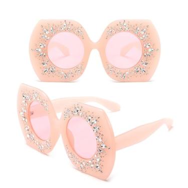 Imagem de Óculos de sol de cristal quadrado oversized feminino strass quadro lente redonda feminino elegante óculos de sol tons, c4, um tamanho