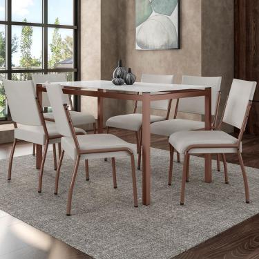 Imagem de Mesa de Jantar Retangular Fabone Alexa Tampo de Vidro 140x80cm com 6 Cadeiras Dora Revestidas em Courino