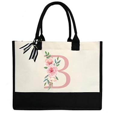 Imagem de DEEZOMO Sacola de lona para mulheres bolsa de praia bolsa de presente personalizada com bolso interno com zíper, adequada para casamento, aniversário, B