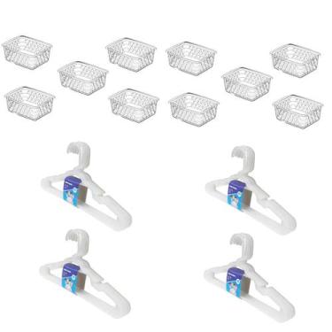 Imagem de Kit 10 Cestos Organizador Pequeno 16x12x6cm + 20 Cabides Transparente 
