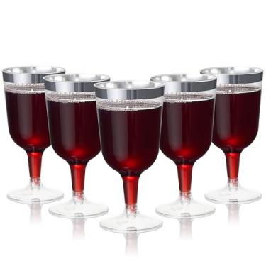 Imagem de MATANA 24 elegantes taças de vinho de plástico rígido transparente com borda prateada 170 g - copos resistentes e reutilizáveis para coquetéis, sobremesas - aniversários, casamentos, Natal, churrasco,