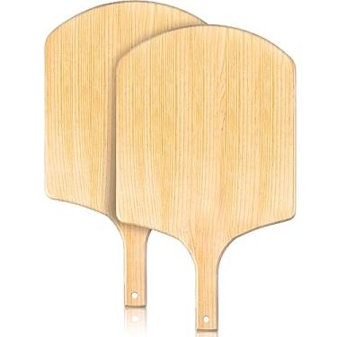 Imagem de Bokon Pacote com 2 unidades de casca de pizza de madeira 40,6 cm C x 35,5 cm grande pá de pizza L tábua de corte de pizza de grau de restaurante, bandeja de madeira para servir pizza com alça para