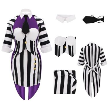 Imagem de Beetle Juice Cosplay Costume Women Betelgeuse Costume Black White Striped Corset Skirt Tuxedo with Tie Halloween Sets XL