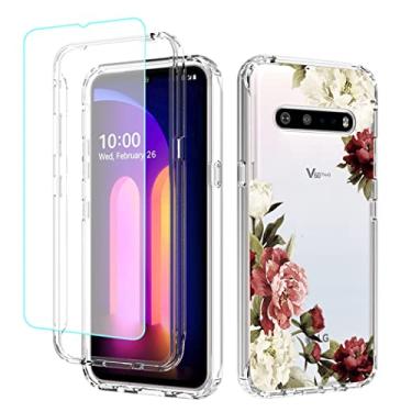 Imagem de Tothedu Capa de telefone para LG V60 ThinQ 5G Capa/LG V60/LM-V600 com protetor de tela de vidro temperado, linda estampa floral transparente capa protetora de corpo inteiro para LG V60 ThinQ (flor)