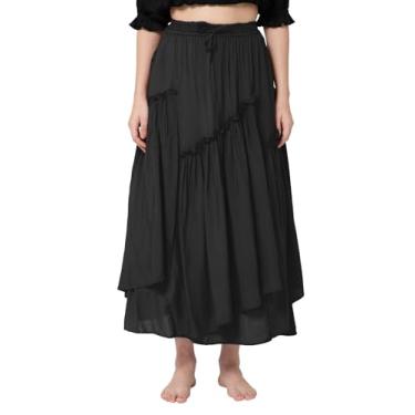 Imagem de ThePirateDressing Saia longa feminina renascentista medieval pirata camponesa em camadas com cintura alta elástica e bolsos C1801 preto grande