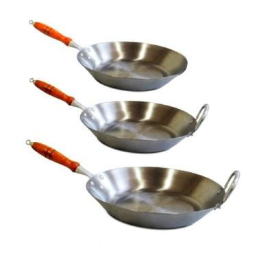 Imagem de Kit Jogo de Frigideiras Aço Carbono 2mm Cabo Madeira Fritura - Jamar