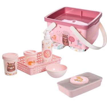 Imagem de Kit Higiene Infantil 7 Peças Porta Fraldas Porta Lenço Umedecido Bebê Limpeza (Rosa Bichinhos)