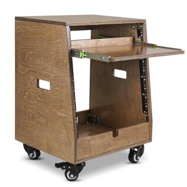 Imagem de Sound Town Rack de estúdio inclinado 10U DIY (2U superior + 8U inferior), com armazenamento inferior 2U, bandeja deslizante, rodízio, madeira compensada, marrom envelhecido para sala de gravação,