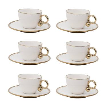 Imagem de Cj 6 Xícaras P/Chá C/Pires de Porcelana EGG Branco/Dourado 200ml Wolff