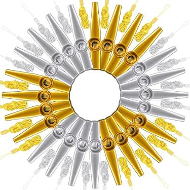 Imagem de Newwiee 48 Kazoos de Metal com Cordões, Instrumentos Musicais, Pacote Kazoo, Flauta Kazoo, Acessórios para Violão, Violino, Piano, Teclado, Ukulele, Crianças e Adultos, Amarelo e Prata