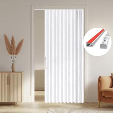 Imagem de AJAZZ Cortina de porta sanfonada 100% blackout para portas e pátios, cortinas magnéticas para quarto, sala de estar, portas, conjuntos de cortinas de entrada incluídos (1 painel, 133 L x 79 C, branco)