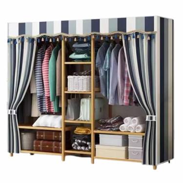 Imagem de Guarda-roupa Novo armário de guarda-roupa duplo reforçado engrossado madeira maciça pendurado guarda-roupa borla listra azul oxford pano tecido armário armário