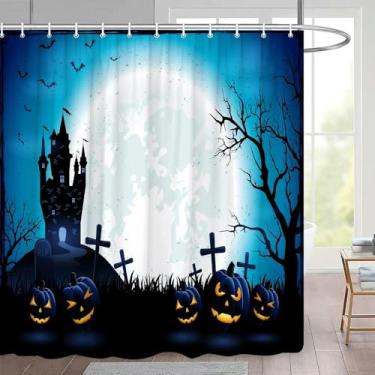 Imagem de Conjunto de cortinas de chuveiro de Halloween, cenas de abóbora, decoração de banheiro de feriado, cortinas de banho de tecido, 5553W, 210 x 180 cm, 83 x 70 pol.