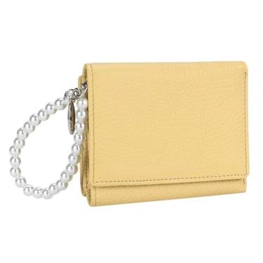 Imagem de AurexaFashion Carteira feminina de couro genuíno com três dobras, porta-moedas, porta-cartões de identificação com alça de mão, #09 Amarelo, Short; 4.33" x 3.34" x 1.18", Carteira feminina de três
