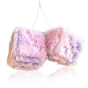 Imagem de Par de dados coloridos de pelúcia bordados com coração de 7,6 cm, enfeites de pelúcia macios para decoração de carro, acessórios vintage decorativos de carro para decoração de espelho retrovisor de