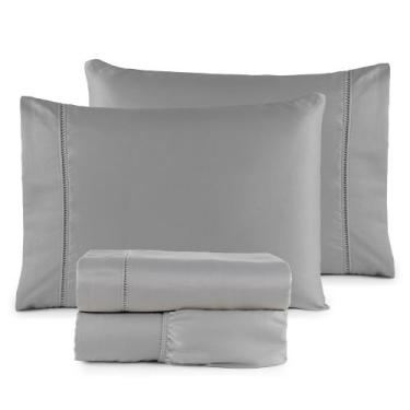 Imagem de Jogo de Lençol Roupa de Cama Casal Percal 400 Fios Ponto Palito 04 Peç