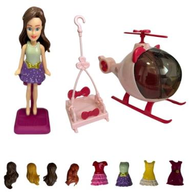 Imagem de Boneca Fashion com Helicóptero Rosa, Opções Acessorios Vestidos Cabelos Balanço Decorativo Kit de Brinquedo para Meninas