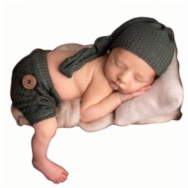 Imagem de Roupa para fotografia de recém-nascidos para meninos e meninas, fantasia de sessão de fotos, roupas de crochê, chapéu, calça, adereço de bebê, sessão de fotos, Verde floresta, 0-3 months
