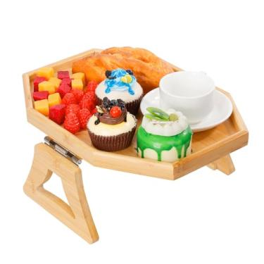 Imagem de Mesa de braço de sofá, bandeja universal de bambu para sofá, bandeja lateral dobrável, bandeja de braço de sofá para comer, bebidas, lanches, controle remoto, jantar, TV, 32 x 24 cm, natural