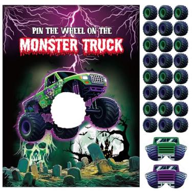 Imagem de Faccito Jogos de aniversário Monster Truck Pin The Wheel on The Monster Truck Pôster de festa de caminhão monstro verde e roxo com adesivos Vendas para decorações de aniversário, carros, festas,