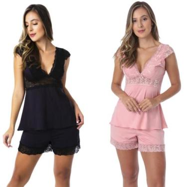 Imagem de Kit 2 Pijama Curto Adulto Feminino Short Doll Renda Luxo Baby Doll - M