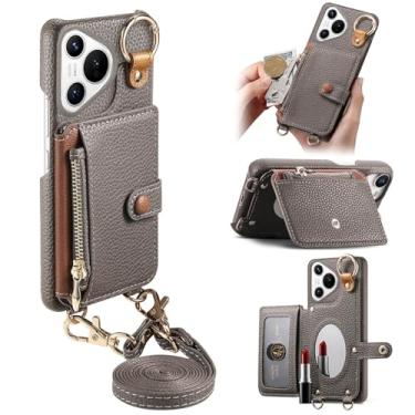 Imagem de Capa de telefone carteira transversal removível durável para Huawei Pura 70, bolsa com zíper, suporte de anel, espelho integrado, compartimento para cartão, suporte de vários ângulos em elegante capa