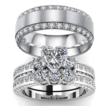 Imagem de LOVERSRING Conjunto de alianças de casamento para ele e ela, 3 peças, para ele e ela, mulheres, banhado a ouro branco, coração, zircônia cúbica masculina, conjunto de alianças de casamento de titânio