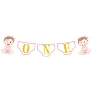Imagem de Decorações de banner de 1º aniversário para chá de bebê, letras de fraldas ONE e conjunto de faixa de laço rosa, cartolina segura suprimentos de festa para bebês meninas (ouro rosa)