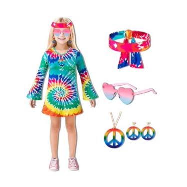 Imagem de MOMMY'S NEW MAN Vestido hippie infantil para meninas dos anos 60 e 70 com flores de Halloween, discoteca, paz e amor, Azul, 10