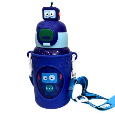 Imagem de Garrafa Térmica Infantil 450ml Inox Parede Dupla com Alça Ajustável e Canudo de Silicone (Azul | Robô)