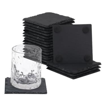 Imagem de Pacote com 20 porta-copos quadrados de ardósia de 10 cm, porta-copos de pedra preta com fundo antiarranhões, ideal para decoração de casa, bar, presentes de inauguração de casa e gravação a laser