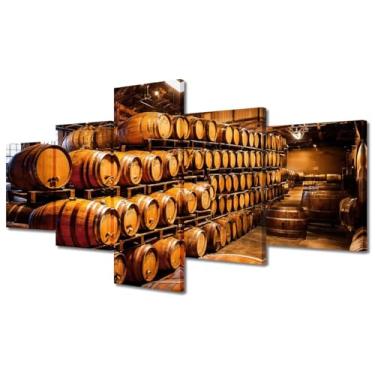 Imagem de 5 peças de arte de parede de barril de carvalho tradicional vintage carvalho barril de vinho tinto imagens impressas em tela para casa hotel escritório parede decorativa moldura de madeira emoldurada